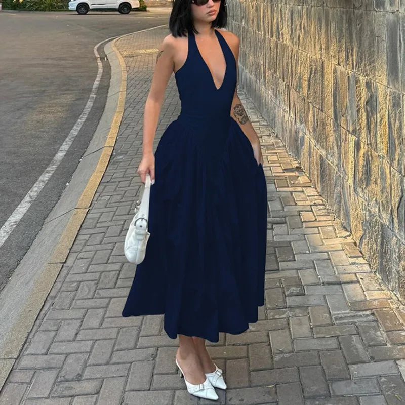 Talenza Backless Halter Maxi Dress in Denim Blue