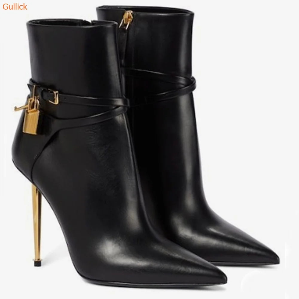 Cassies Kurations Women's Suede Ankle Boots with Gold Lock Heel