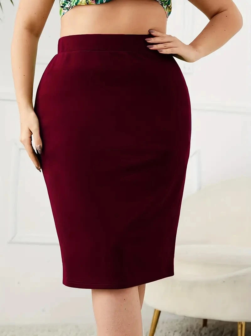 Plus Size Slim Pencil Skirt with Slit in Carmine