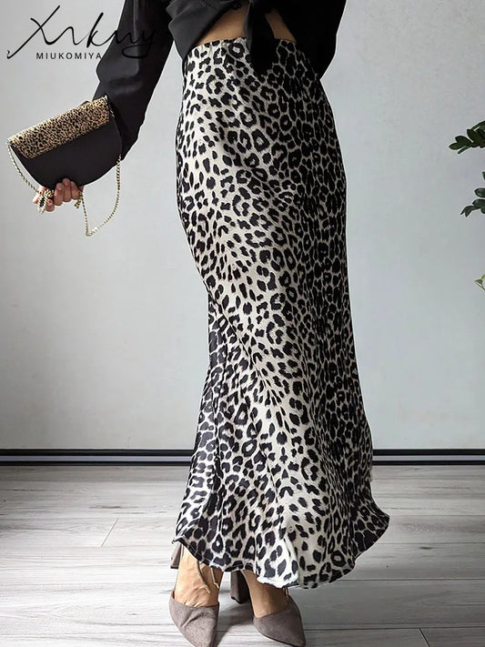 MiuKoMiYa Leopard Print Satin Maxi Skirt
