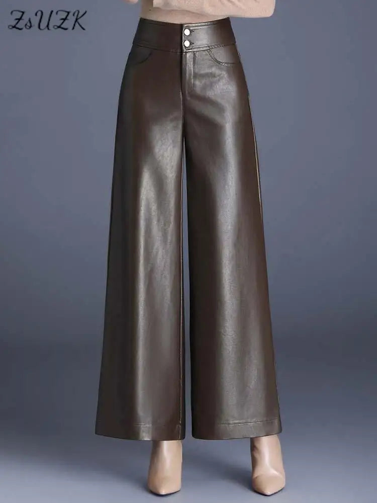 ZUZK PU Leather Wide Leg Pants - Dark