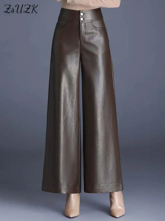 ZUZK PU Leather Wide Leg Pants - Dark
