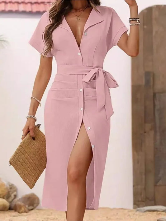 Cassies-Kurations V-Neck Lace-Up Midi Dress