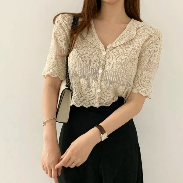 Sheer Lace Embroidered Blouse - White
