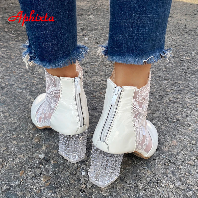 Aphixta Women's Lace Air Mesh Ankle Boots with Crystal Square Heels