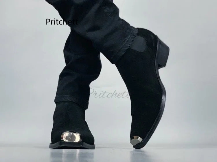 Cassies Kurations Men's Black Patent Leather Square Toe Chelsea Boots