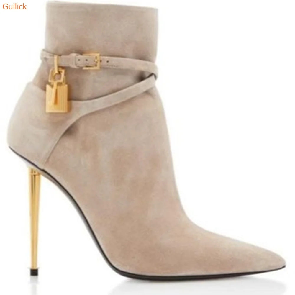 Cassies Kurations Women's Suede Ankle Boots with Gold Lock Heel