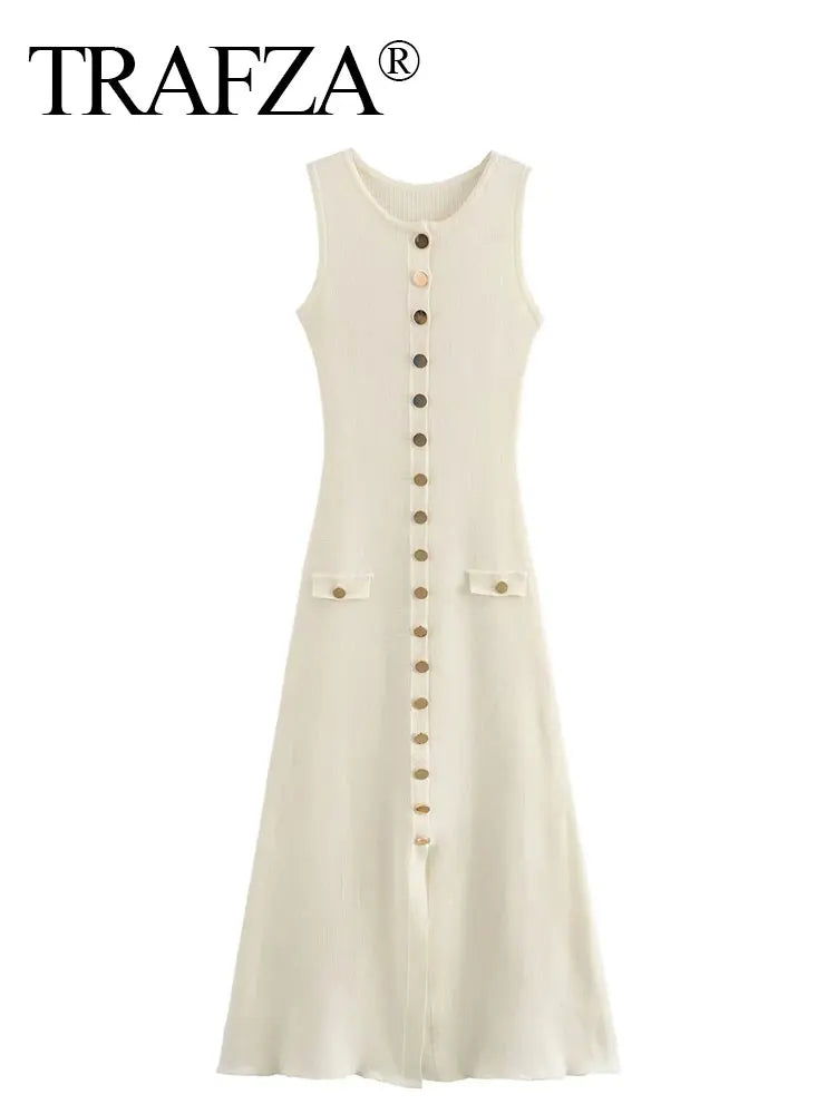 TRAFZA Women's Sleeveless Knit Midi Dress with Pockets