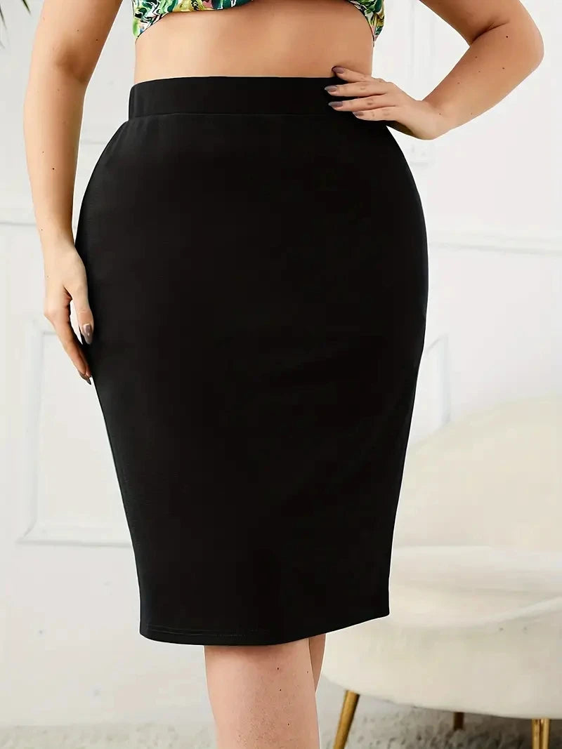 Plus Size Slim Pencil Skirt with Slit in Carmine
