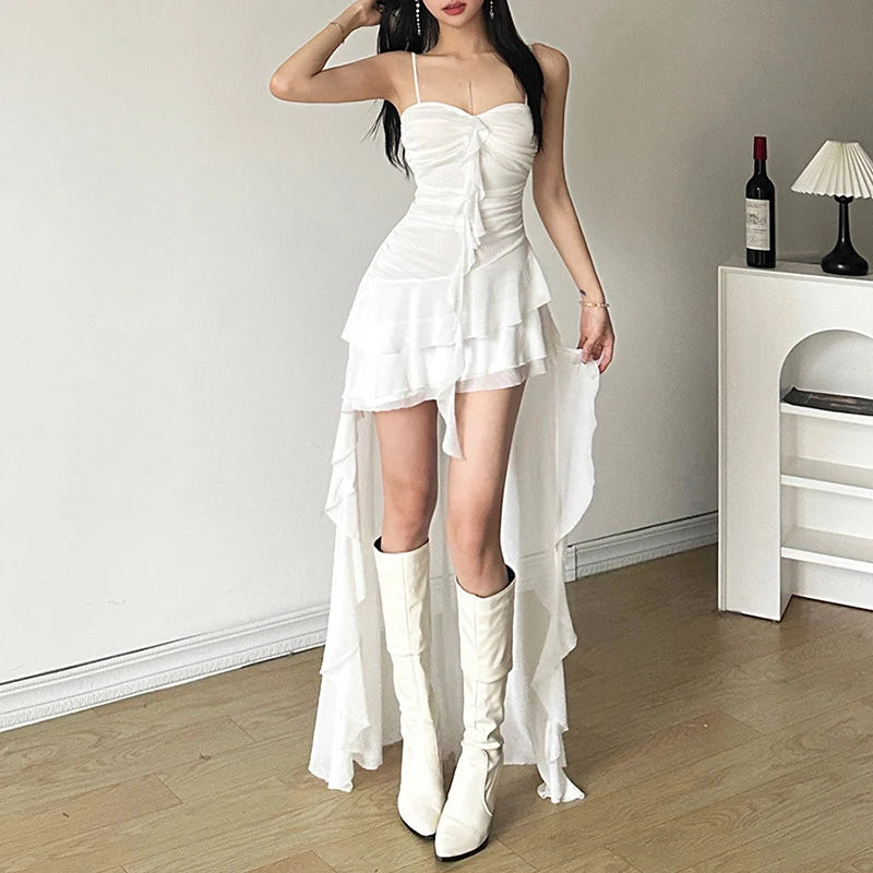 Lamuusaa Sweetheart Neck Ruffle Asymmetrical Hem Dress