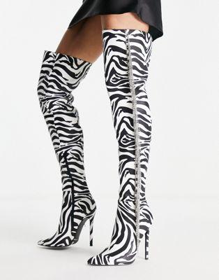Kim Rhinestone Zebra Print Over-the-Knee Boots