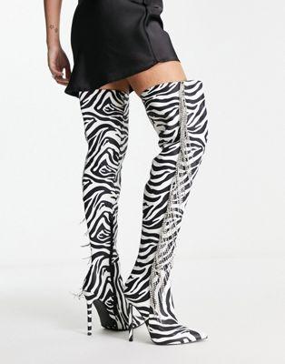Kim Rhinestone Zebra Print Over-the-Knee Boots