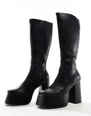 Black Faux Leather Knee High Platform Heeled Boots