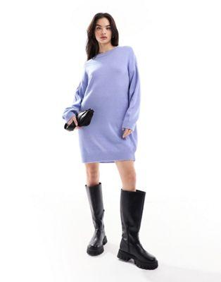Blue Knit Mini Sweater Dress with Crew Neck