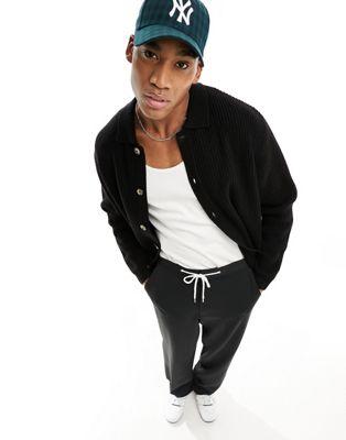 Black Fisherman Rib Knit Button-Through Polo Shirt