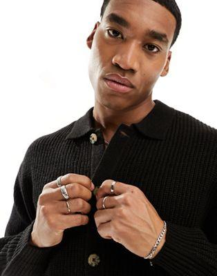 Black Fisherman Rib Knit Button-Through Polo Shirt