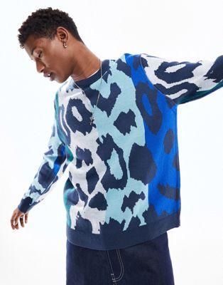 Blue Animal Print Knit Crew Neck Sweater