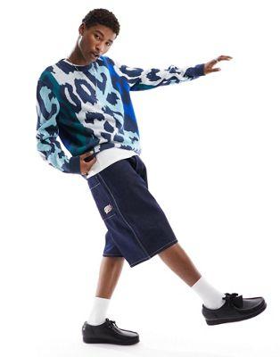 Blue Animal Print Knit Crew Neck Sweater