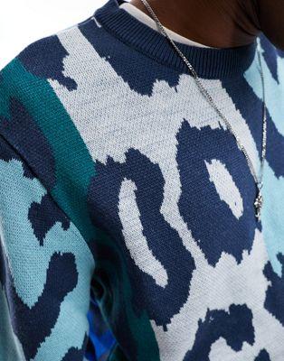 Blue Animal Print Knit Crew Neck Sweater