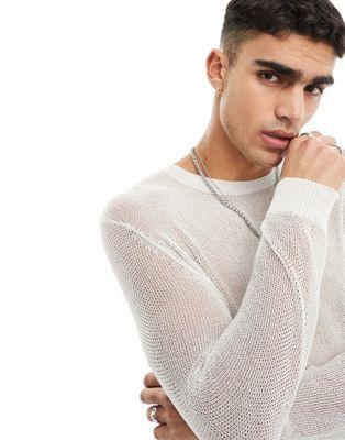 Metallic Mesh Knit Sweater in White