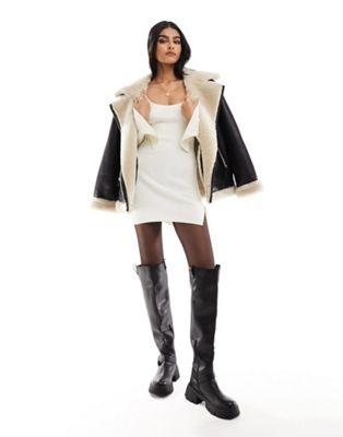 Ribbed Knit Mini Dress with Tie Cuffs in White