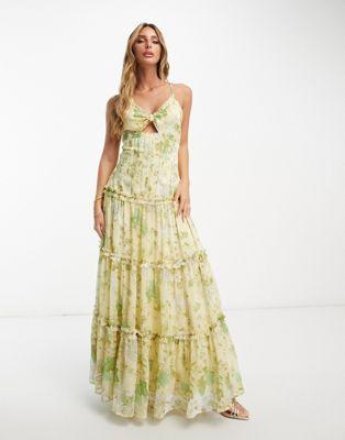 Yellow Floral Knot Front Cut Out Maxi Slip Dress