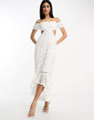 Bardot Lace Maxi Dress with Frill Hem in White