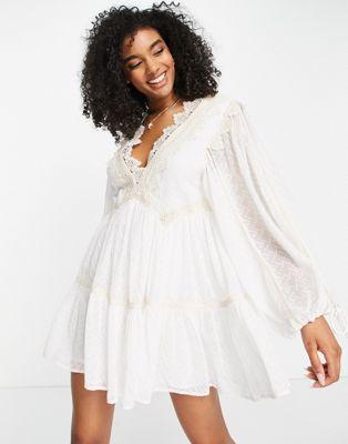 White Jacquard Spot Mini Dress with Tiered Skirt