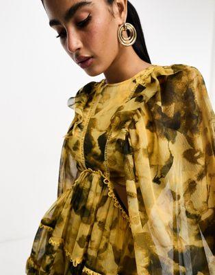 Grunge Floral Lace Insert Mini Dress in Tan