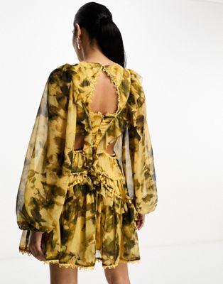 Grunge Floral Lace Insert Mini Dress in Tan