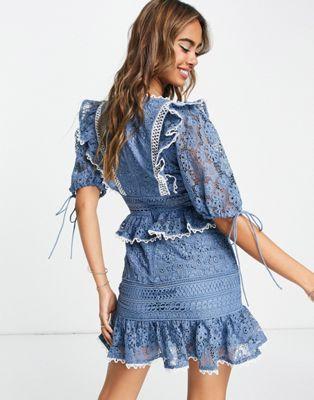 Blue Lace Ruffle Sleeve Mini Dress