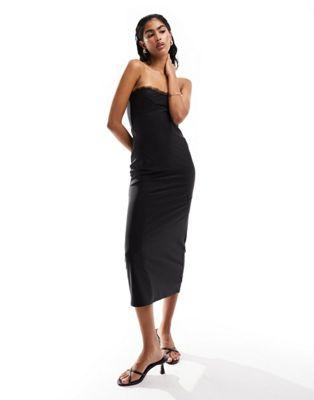 Black Lace Trim Bandeau Midi Dress