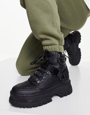 Black Faux Leather Lace-Up Boots with Chunky Sole