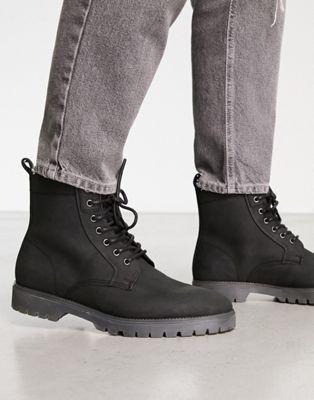 Black Leather Lace-Up Boots with Chunky Sole