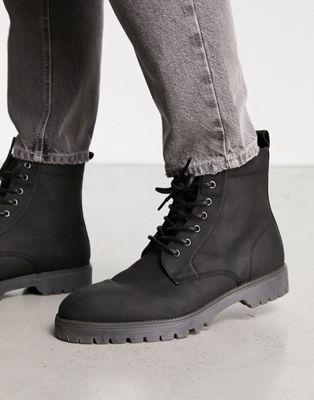 Black Leather Lace-Up Boots with Chunky Sole