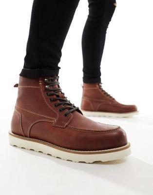 Brown Leather Lace-Up Boots with Contrast Sole