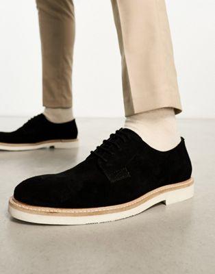 Black Suede Lace-Up Derby Shoes with White Sole