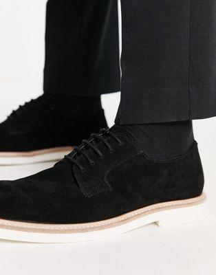 Black Suede Lace-Up Derby Shoes with White Sole