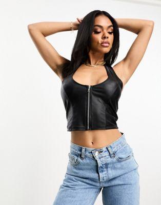 Black Faux Leather Zip Halter Top