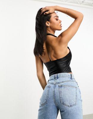 Black Faux Leather Zip Halter Top