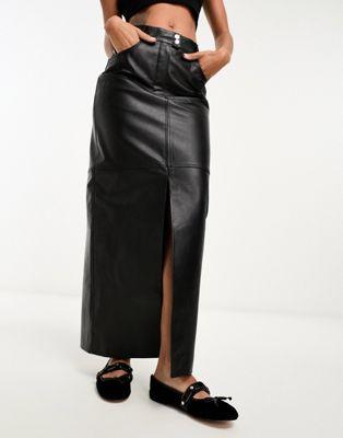 Black Leather Maxi Skirt with Front Split