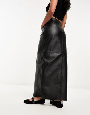 Black Leather Maxi Skirt with Front Split