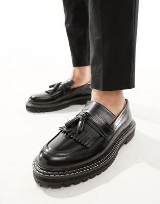 Black Leather Chunky Sole Loafers