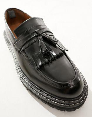 Black Leather Chunky Sole Loafers