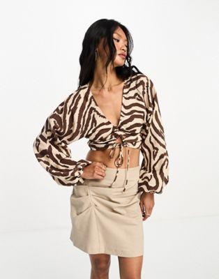 Zebra Print Crinkle Top with Lace-Up Detail