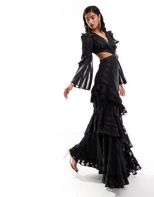 Black Satin Burnout Stripe Maxi Dress with Lace Inserts