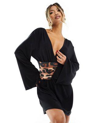 Black Flippy Wrap Mini Dress with Leopard Belt