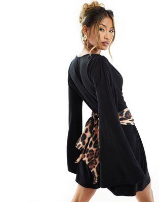 Black Flippy Wrap Mini Dress with Leopard Belt