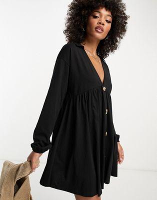 Black Long Sleeve Smock Mini Dress