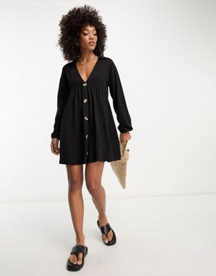 Black Long Sleeve Smock Mini Dress